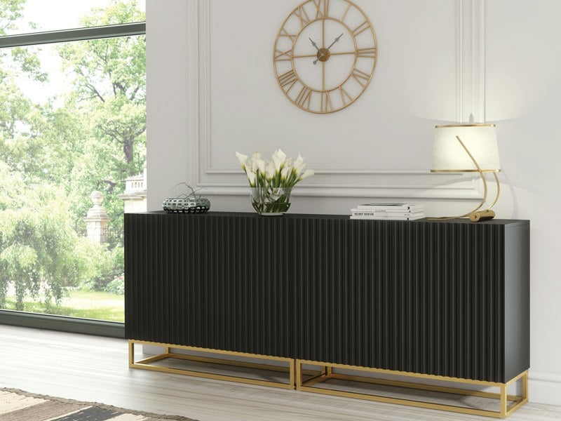 Mex Furniture Sophisticated Black Sideboard with Fluted Fronts & Gold Legs – 200cm Storage Unit