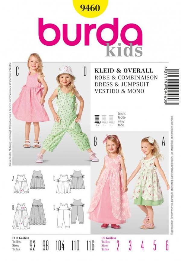 Burda Sewing Pattern 9460 Dresses and Jumpsuits For Kids and Babies, Ages: 2-6 - Easy