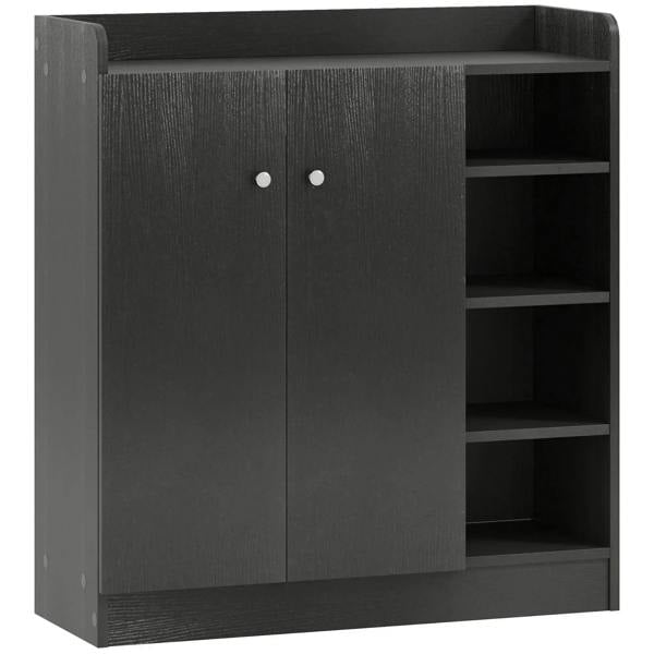 Black shoe storage cabinet with two-door design and open adjustable shelving inside