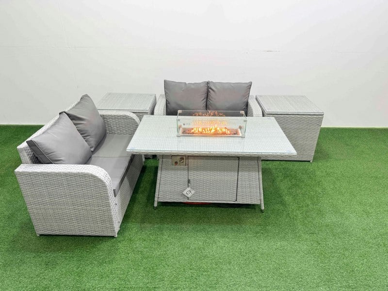 Fimous 4 Seater Outdoor Love Sofa Set Rattan Garden Furniture Set with Fire Pit Dining Table 2 Side Tables Light Grey