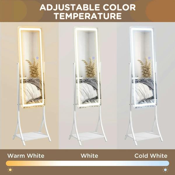 White standing mirror with LED light border showing warm, white, and cool lighting