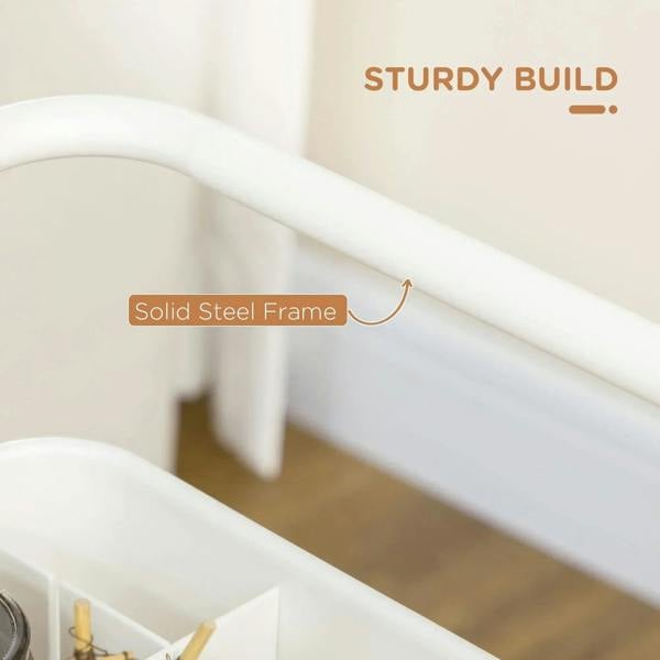 White trolley frame close-up with solid steel side bars and curved handle