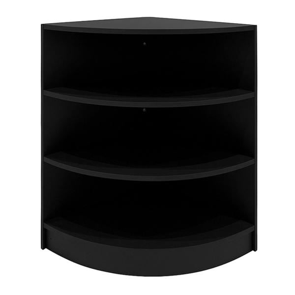 Black corner shop counter with three spacious shelves, sleek design, and smooth finish, ideal for retail display and organization