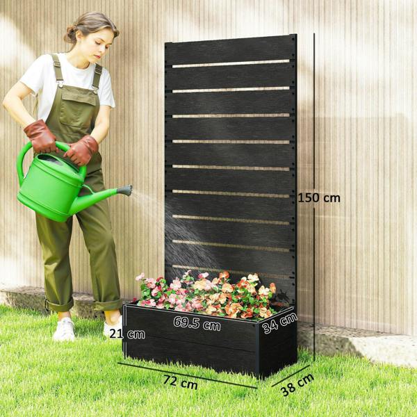 Black garden planter box with back trellis, shown with front and side dimensions