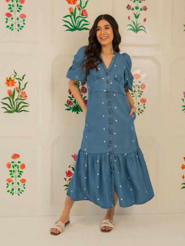 Rose & Nancy Mila Denim Tencel Daisy Embroidered Midi Dress