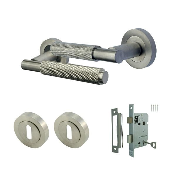 EDH Door Hardware Satin Nickel Knurled Door Handles on Round Rose – Modern Internal Lever Handle Sets