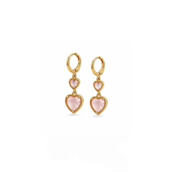 Heart-shaped pink earrings with gold accents on a white background