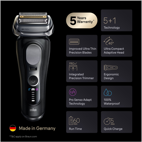 Braun Series 9 PRO+ 9610S Electric Shaver, Pro SensoAdapt, Charging Stand - Black