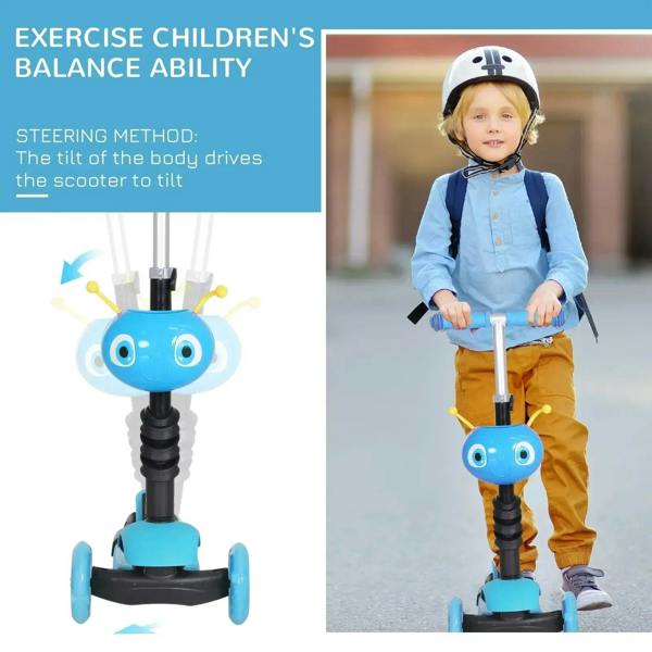 Blue kids scooter with removable seat, shown being used with a push handle