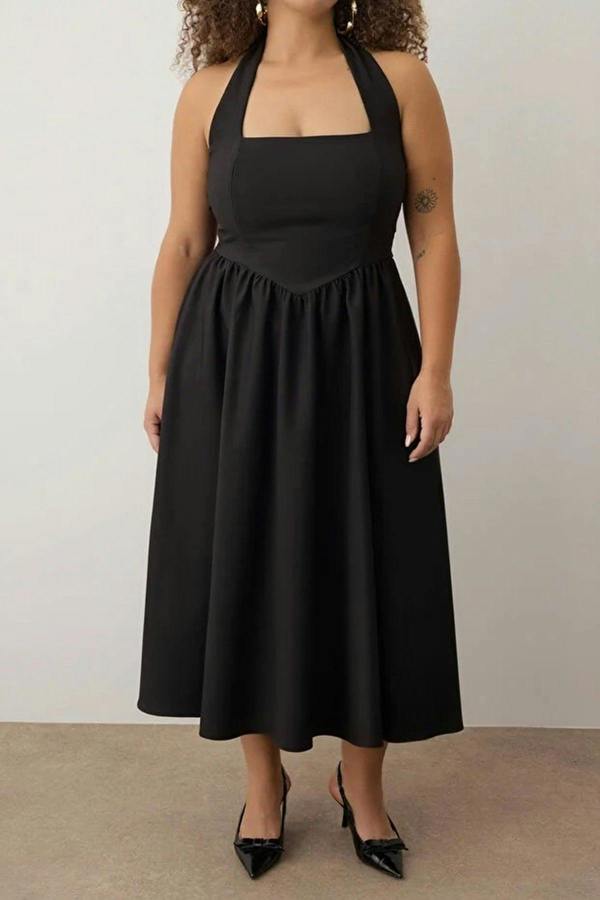 WOVCOR Square Neck Skater Midi Finike Woven Plus Size Dress