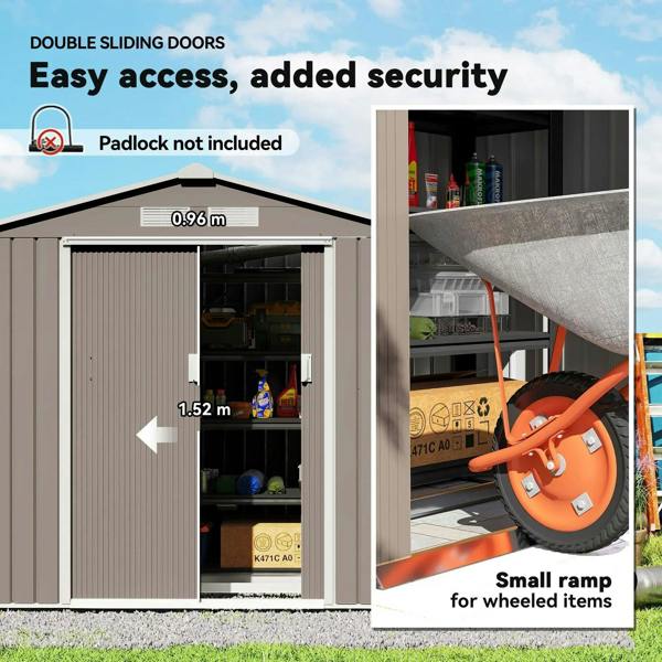 Grey metal storage shed with double sliding doors and lockable latch area