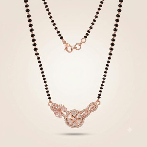 The Colourful Aura Indian Nazaria Rose Gold Floral Heart Zircon Mangalsutra Black Beads Necklace