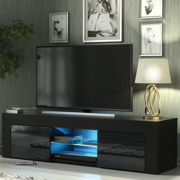 Mex Furniture 130cm TV Unit Sideboard Cabinet TV Stand with Black High Gloss Doors