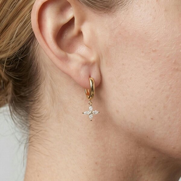 Uchi & Soto Kinmokusei Gold Flower Drop Huggie Hoop Earrings