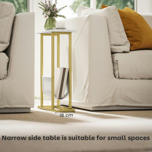 Wyld Haus Vanozi Wooden White Marble Grain Slim Side Table With Magazine Holder For Small Spaces