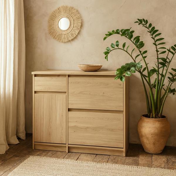 Wyld Haus Budapest Natural Oak Effect Wood Shoe Cabinet 3 Doors 1 Drawer