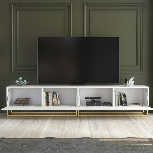 Mex Furniture Modular White TV Unit with Gold Base 200cm – Fluted Fronts & Push-Down Doors