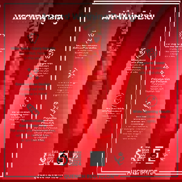 A red water bottle is held against a red background. Its features are highlighted: hide-away handle, crevice-free design, contoured grip, hygiene cover, and wide mouth. It's an award-winning design, the Quench Recyclon™.