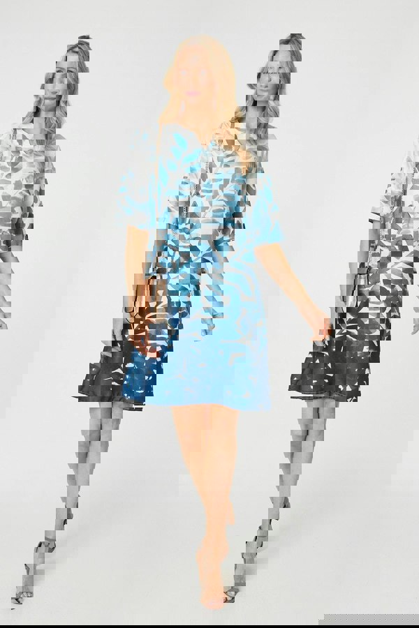 Blue | Leaf Print 3/4 Sleeve Relaxed Shift Dress