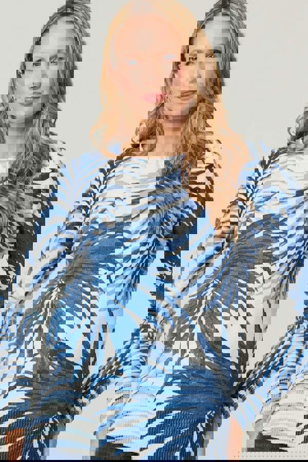 Blue | Leaf Print Slim Batwing Sleeve Jumper