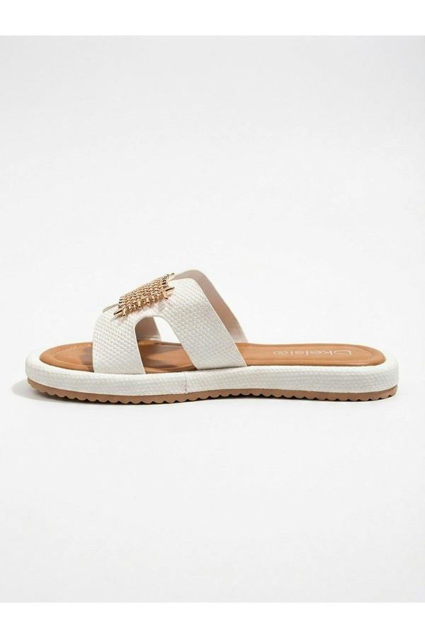 Amber Gold Woven Buckle Slides - White