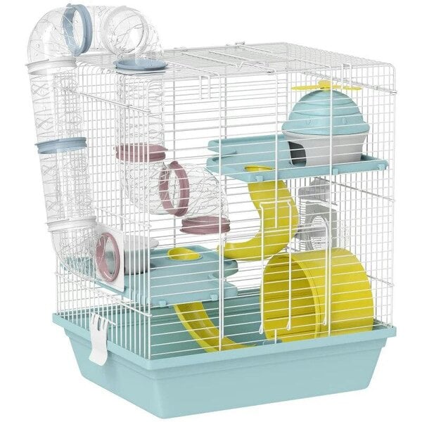 3-Level Hamster Cage with Exercise Wheel, Water Bottle, Food Bowl, for Dwarf Hamsters, 34.5 x 27.5 x 41 cm, Blue