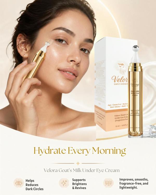 Woman applying Velora Goat’s Milk Under Eye Cream with a cooling applicator. The gold-and-white product and packaging appear beside her. Text highlights morning hydration, reduced dark circles, brighter-looking eyes, and a lightweight, fragrance-free formula.