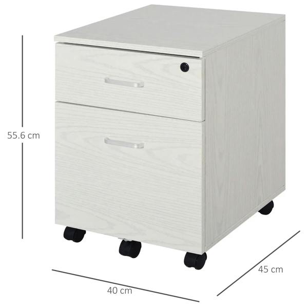 White woodgrain 2-drawer filing cabinet with lock on top and caster wheels