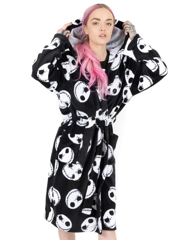 Disney Womens Black Jack Skellington Head All-Over Print Bathrobe