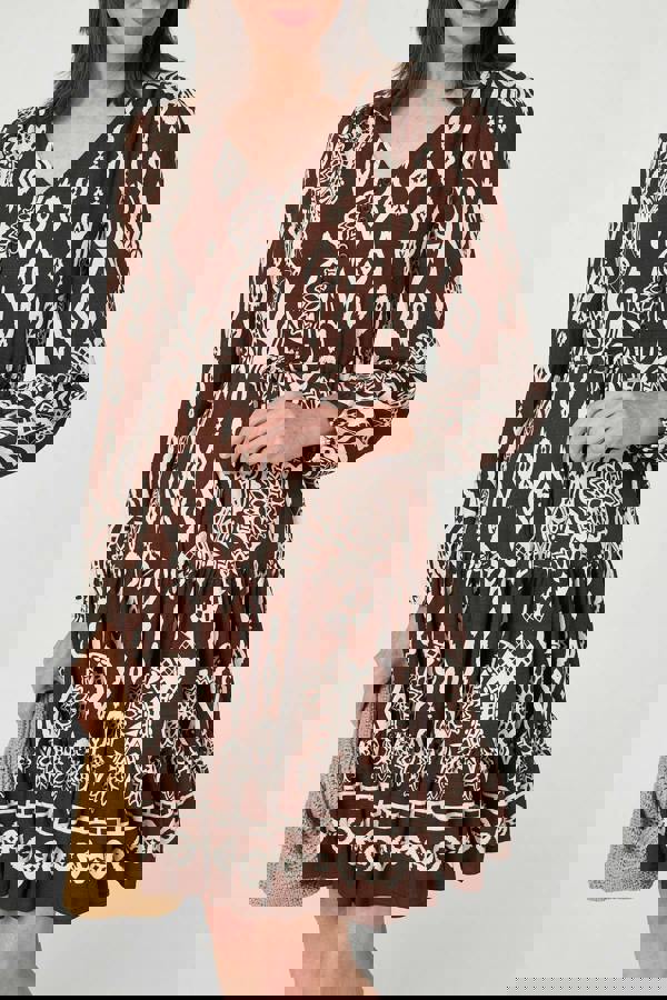 Brown | Printed Tiered V-Neck Knee Length Dress