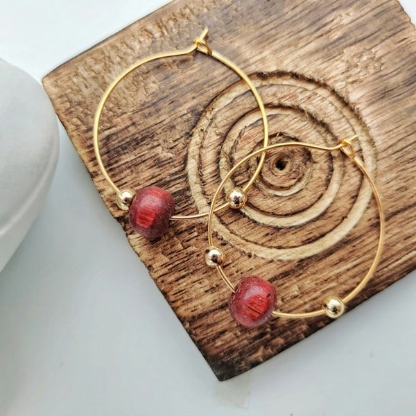 The Colourful Aura Red Sandalwood Beaded Minimalist Dangle Asian Ethnic Boho Hoop Earrings