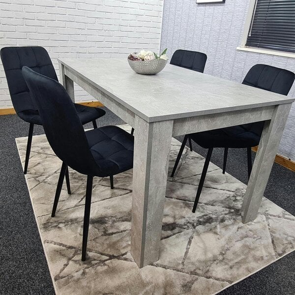 Kosy Koala Stone Grey Effect Wood Dining Table Set with 4 Black Velvet Chairs Modern Dining Room Furniture
