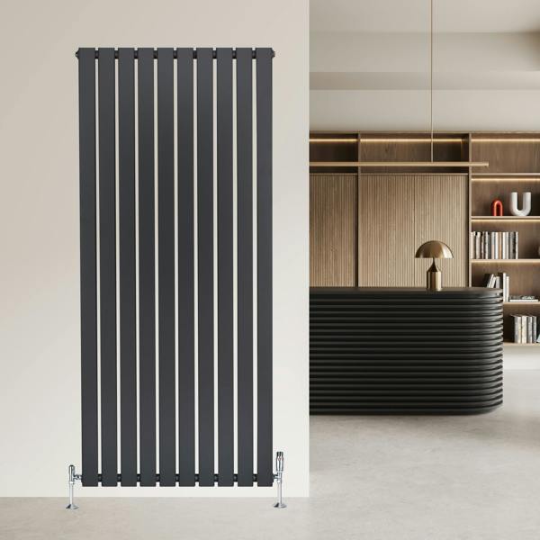 Flat single column radiator in anthracite grey, 1600mm x 700mm, featuring sleek vertical lines and modern valves, enhancing contemporary decor