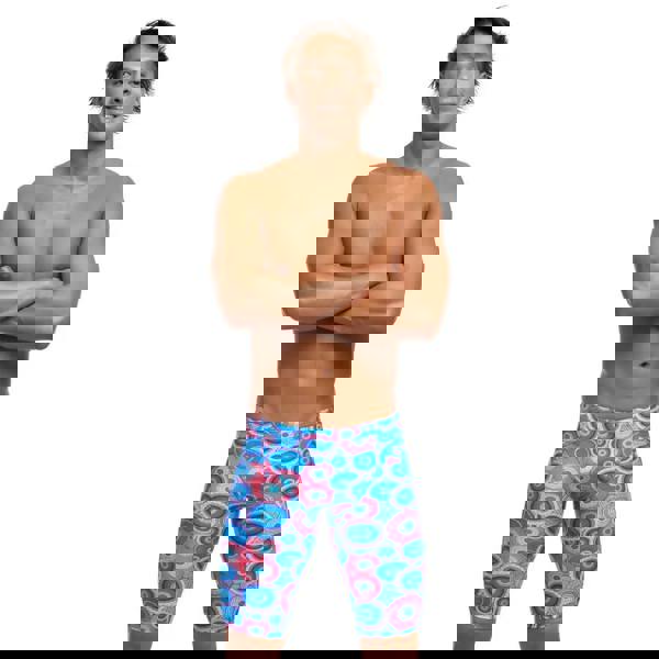 Funky Trunks Bundjalung Blue swim training jammers in blue/pink with circular pattern