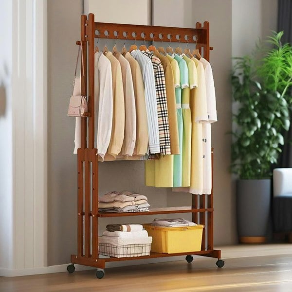 Rafaelo Mobilia Bamboo Clothes Rail With Shelves & Wheels Walnut Brown