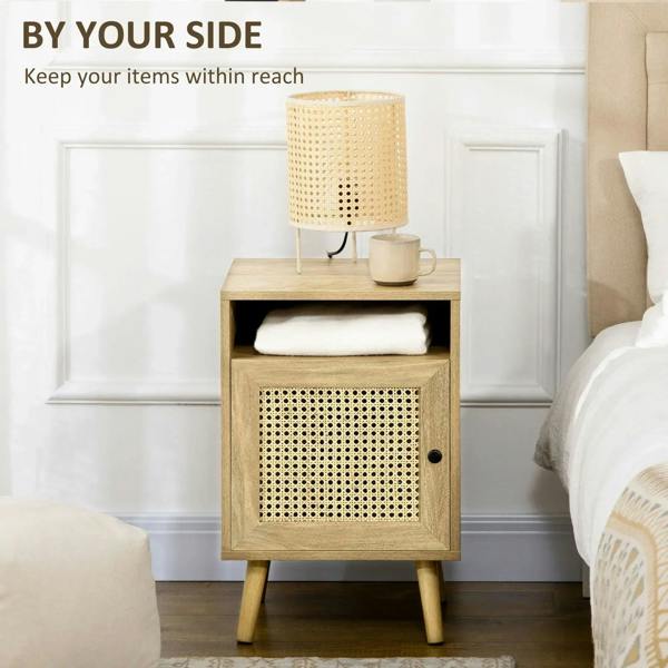 Natural wood bedside table with rattan door and open shelf, round black knob