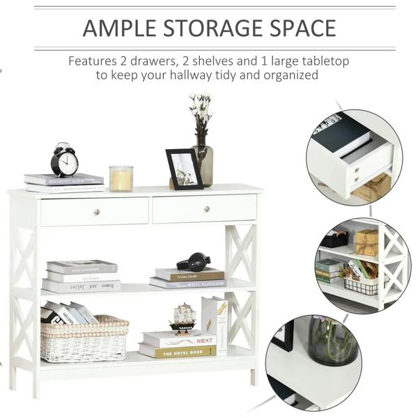 White console table with two drawers and two open shelves for storage, X side panels