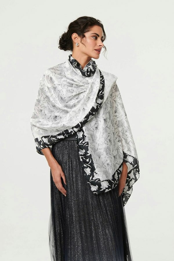 White | Reversible Floral Long Shawl Scarf
