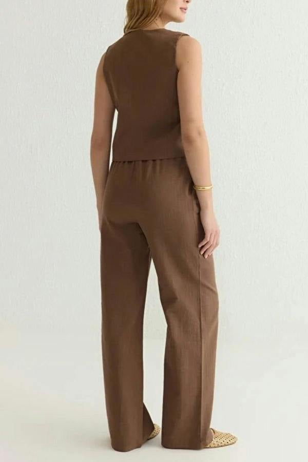 WOVCOR 2-Piece Tie-Front Linen-Look Blouse & Wide Leg Woven Pants Set