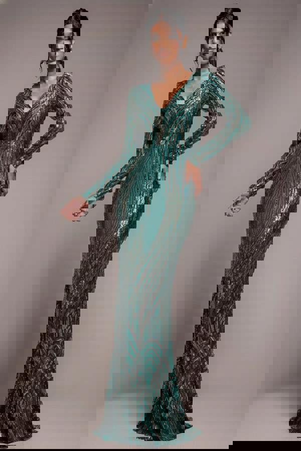 Two Toned V Neck Sequin Maxi - Emerald Green DR3494