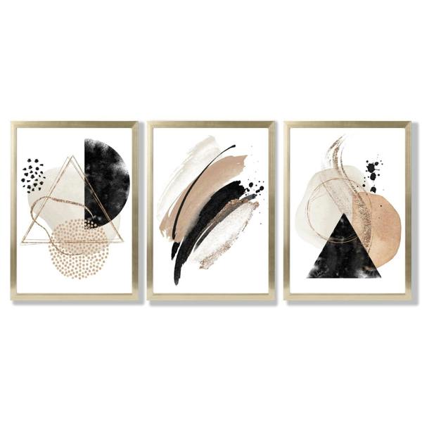 Artze Wall Art Abstract Black Beige Set of 3 Watercolour Shapes Framed Wall Art