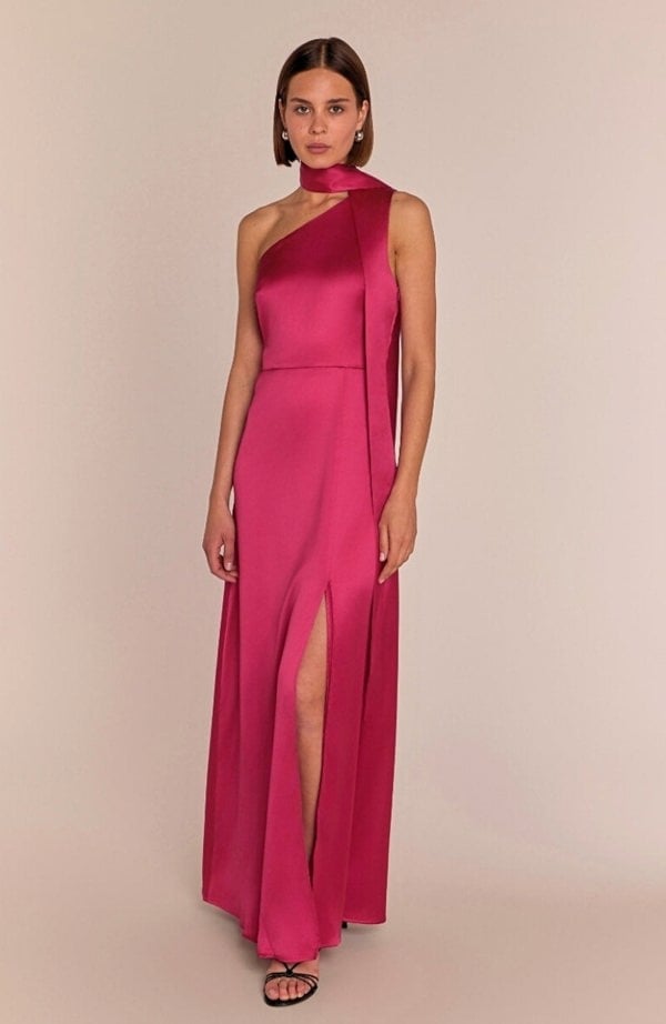 Rewritten London Porto Dress in Hot Pink Satin