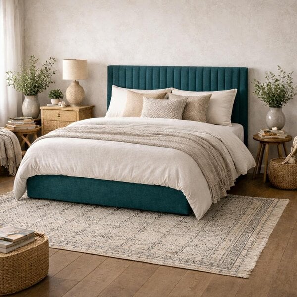Wyld Haus Dublin Teal Uphostered Blue 5ft King Size Ottoman Bed with Ribbed Headboard