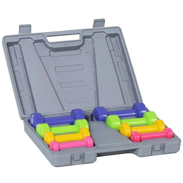 Colorful dumbbell set with gray carry case, featuring multi-color short dumbbells