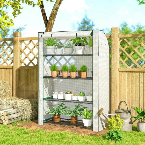Bobobiy Mini Greenhouse with Reinforced PE Cover, Portable Indoor Outdoor Green House with Roll-up Door, 170 x 120 x 50cm, White