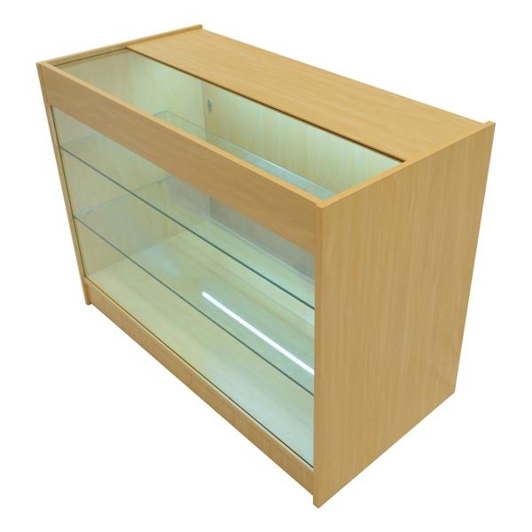 Polaris LED Shop Counter Set in maple finish, featuring a sleek design with glass shelves and integrated lighting for display