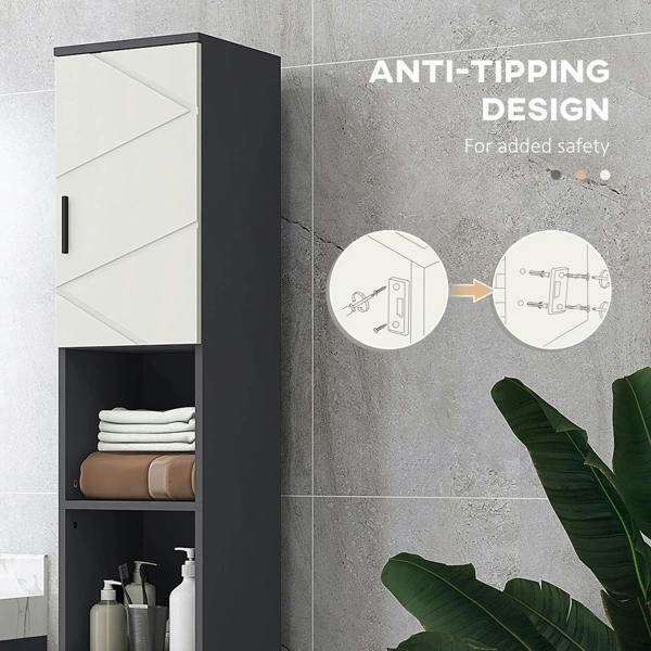 Tall bathroom storage cabinet with anti-tipping design hardware visible, light grey and white