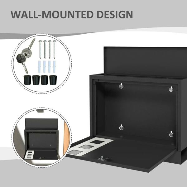 Open black wall-mounted letterbox with key set and screw-mounting hardware