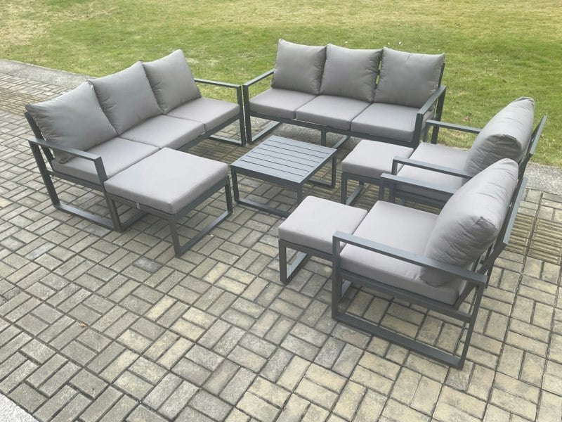 Fimous Aluminium Outdoor Garden Furniture Set Patio Lounge Sofa with Square Coffee Table 2 Armchairs 3 Footstools Dark Grey