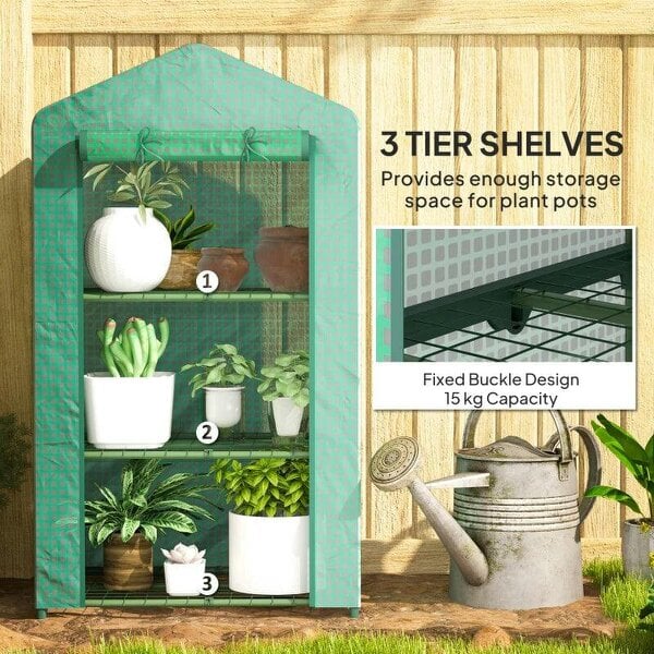 Bobobiy 3 Tier Mini Greenhouse Portable Garden Grow House with Roll Up Door and Wire Shelves, 69 x 49 x 125 cm, Green
